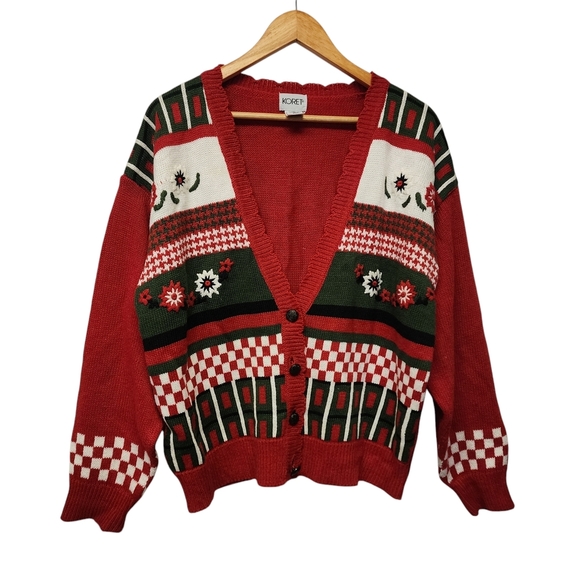 🎄 Vintage holiday Koret Red and Green Buttondown Cardigan Sweater - Picture 1 of 7